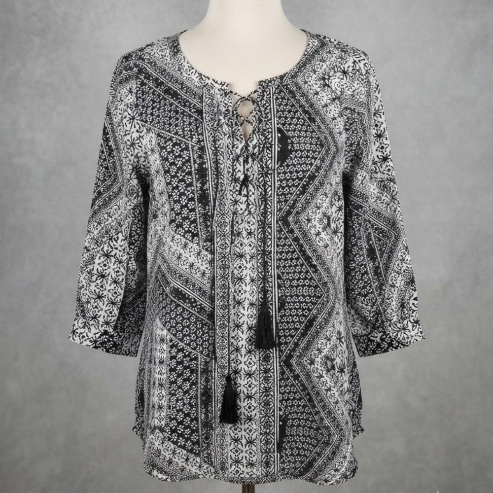 Violet + Claire Black White Geometric Print Lace Up Tassel Peasant Blouse 1X